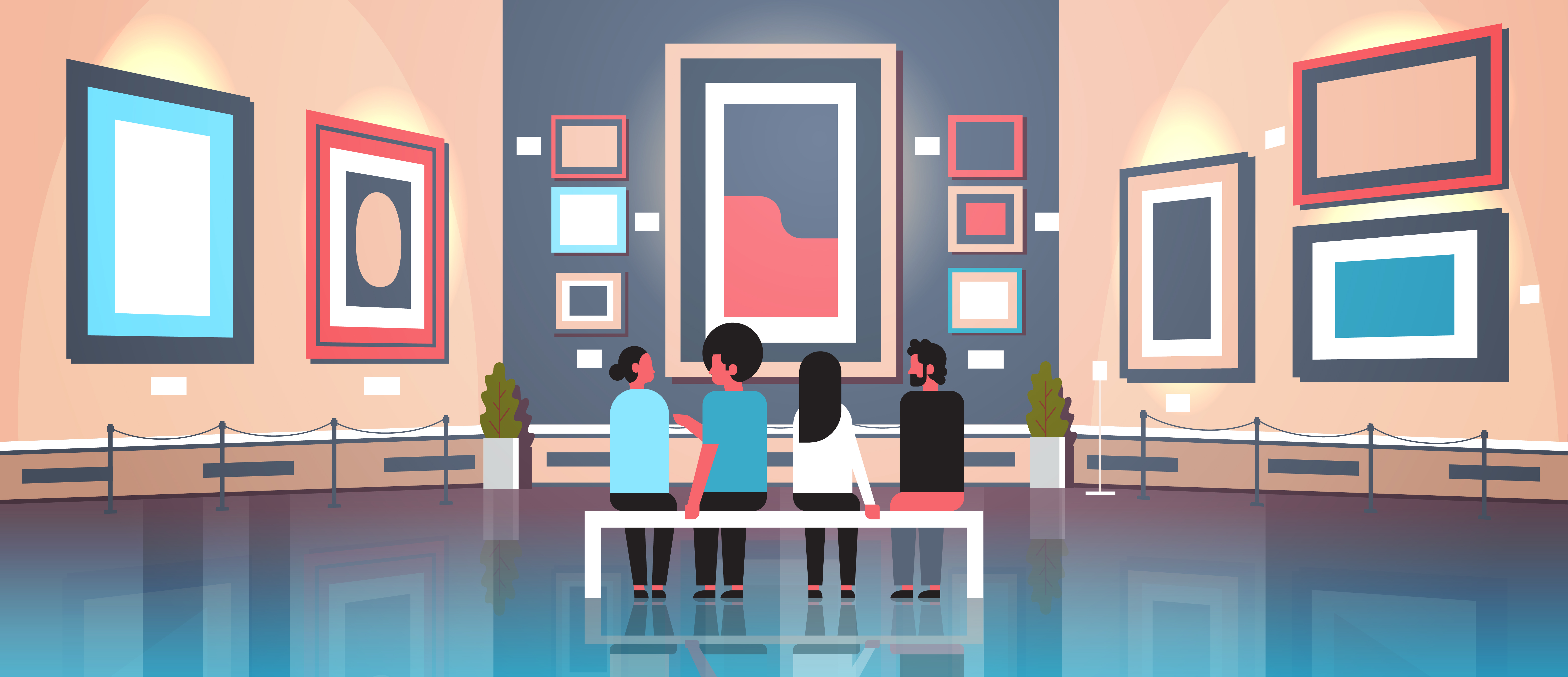 people tourists visitors in modern art gallery museum interior sitting on bench looking contemporary paintings artworks or exhibits horizontal banner vector illustration